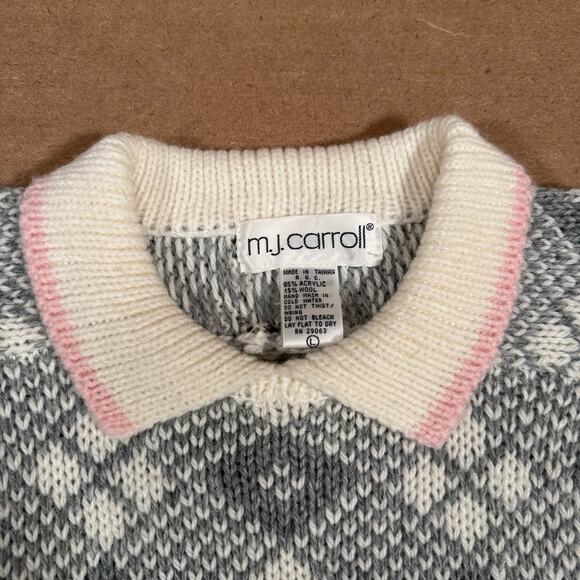 Vintage 80s Grandma Collared Sweater L Gray White Argyle Knit Pink Pastel Trim - Picture 6 of 7
